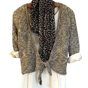 Lightweight Gray and Cream Cotton and Linen Knit Tie Front Shrug Bolero Wrap